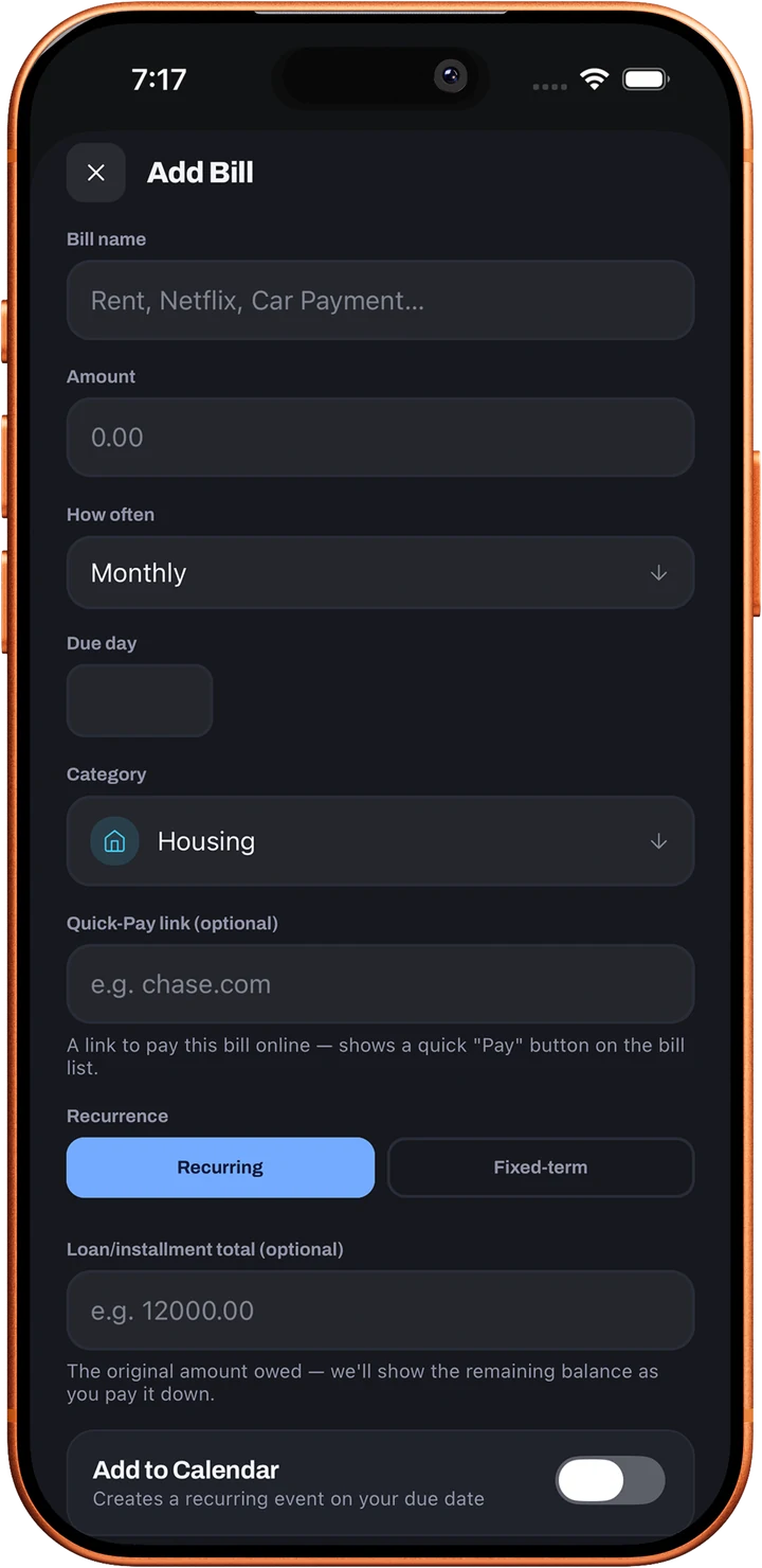 Loulen's Add Bill screen with bill name, amount, how often, due day and category fields