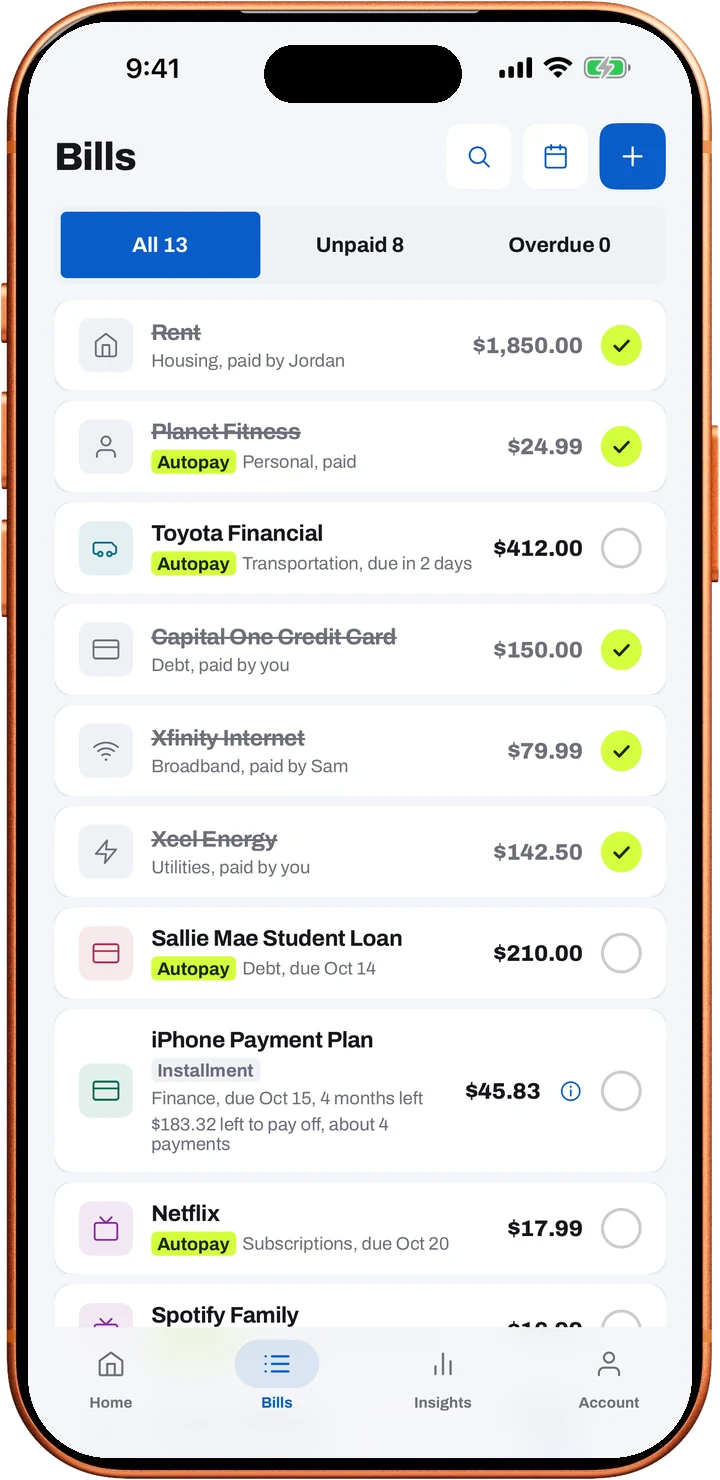 Loulen's Bills list with paid, autopay and installment bills, and who paid each one