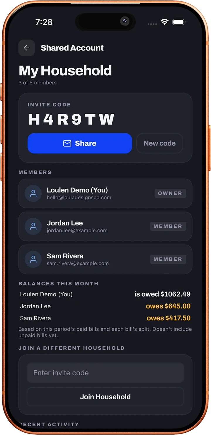 Loulen's Account tab with household sharing and invites